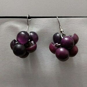Silver tone purple bead cluster earrings